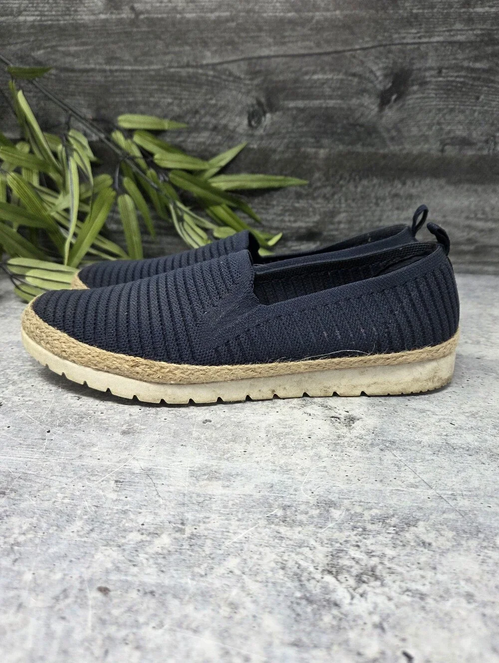 Bobs Skechers Navy Blue Flexpadrille Slip-On Shoes Jute Wrapped Midsole Size 9